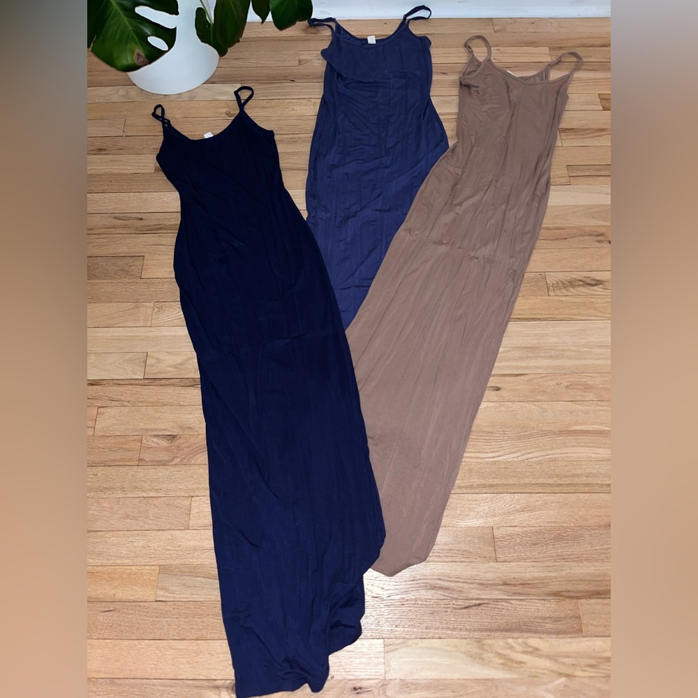 Women’s long form fitting 3pcs dress set in Navy, Blue and Tan
